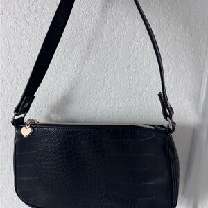 Black Croc-Embossed Shoulder Bag